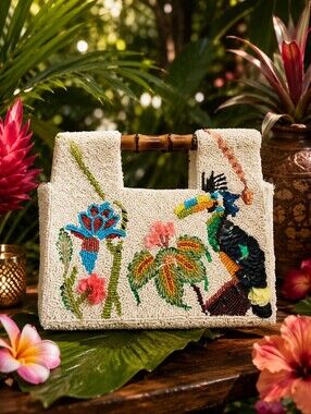 Handcrafted In India Cream Beaded Toucan Handbag with Bamboo Handle NWT